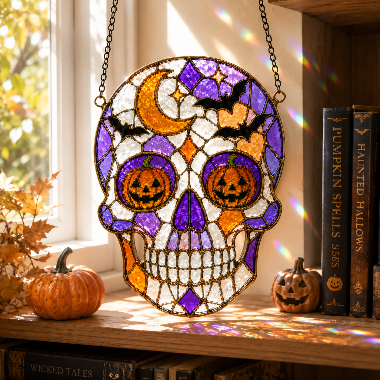 Halloween Pumpkin Skull Suncatcher | Stained Glass Style Window Hanging | Bat Moon Gothic Decor | Car Ornament Gift