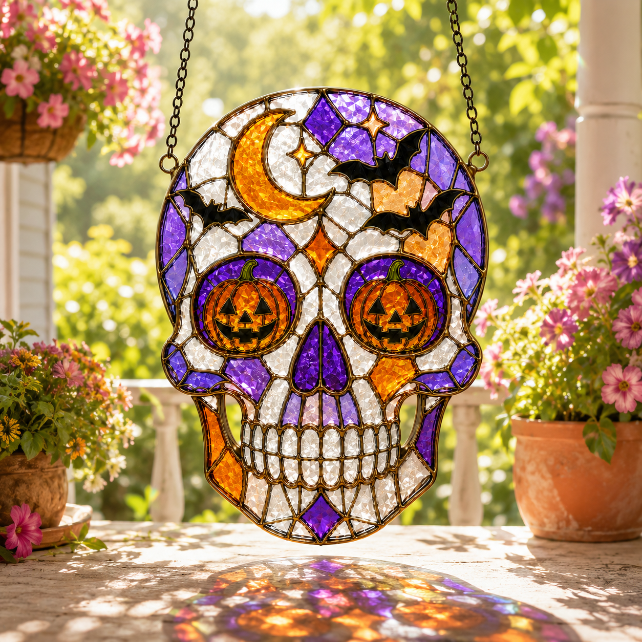 Halloween Pumpkin Skull Suncatcher | Stained Glass Style Window Hanging | Bat Moon Gothic Decor | Car Ornament Gift