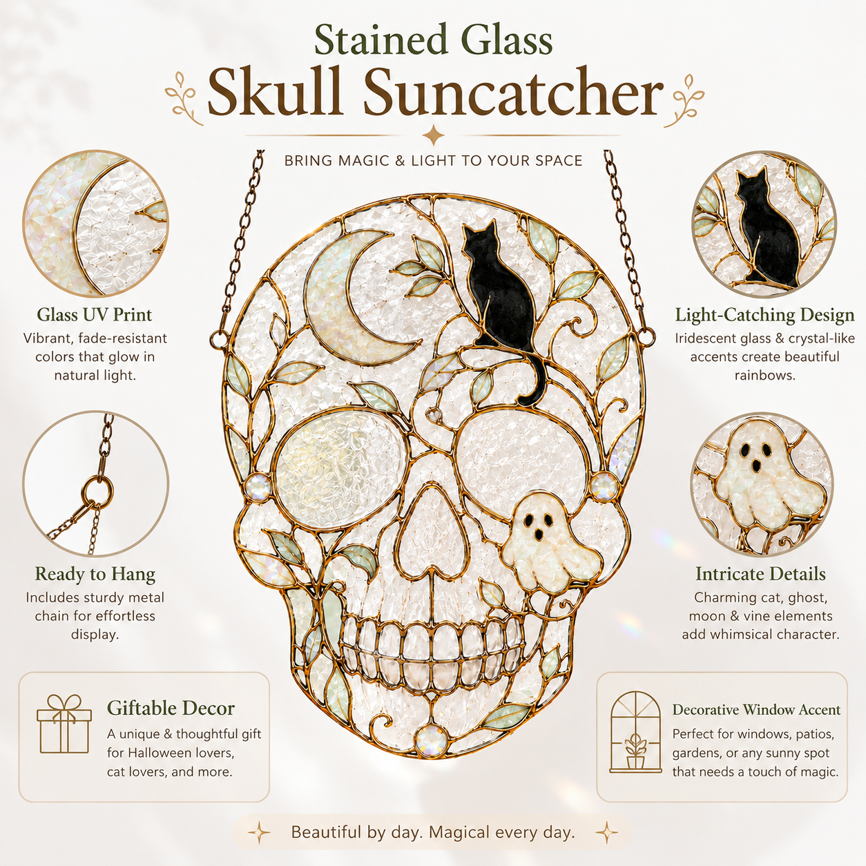 Halloween Skull Suncatcher | Black Cat Ghost Window Hanging | Stained Glass Style Witchy Decor | Car Ornament Gift