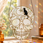 Halloween Skull Suncatcher | Black Cat Ghost Window Hanging | Stained Glass Style Witchy Decor | Car Ornament Gift