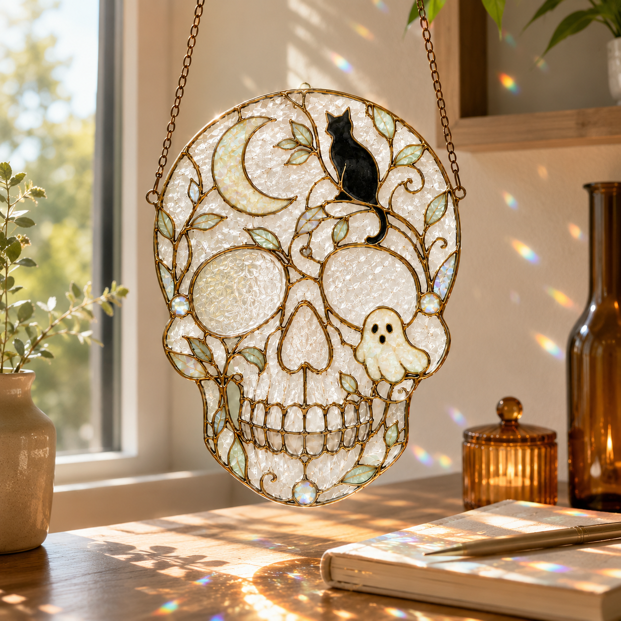 Halloween Skull Suncatcher | Black Cat Ghost Window Hanging | Stained Glass Style Witchy Decor | Car Ornament Gift