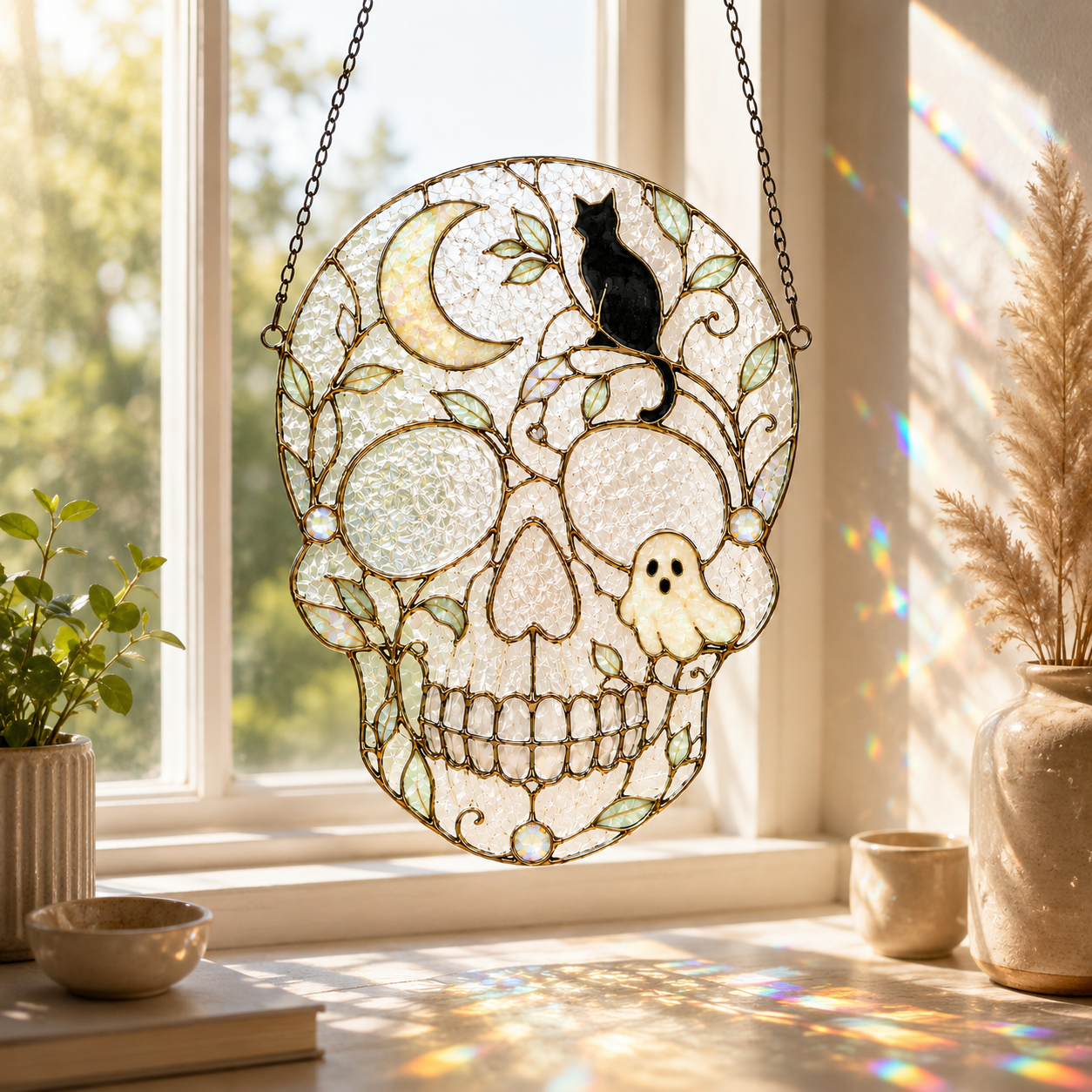 Halloween Skull Suncatcher | Bat Pumpkin Stained Glass Style Window Hanging | Witchy Gothic Decor | Car Ornament Gift