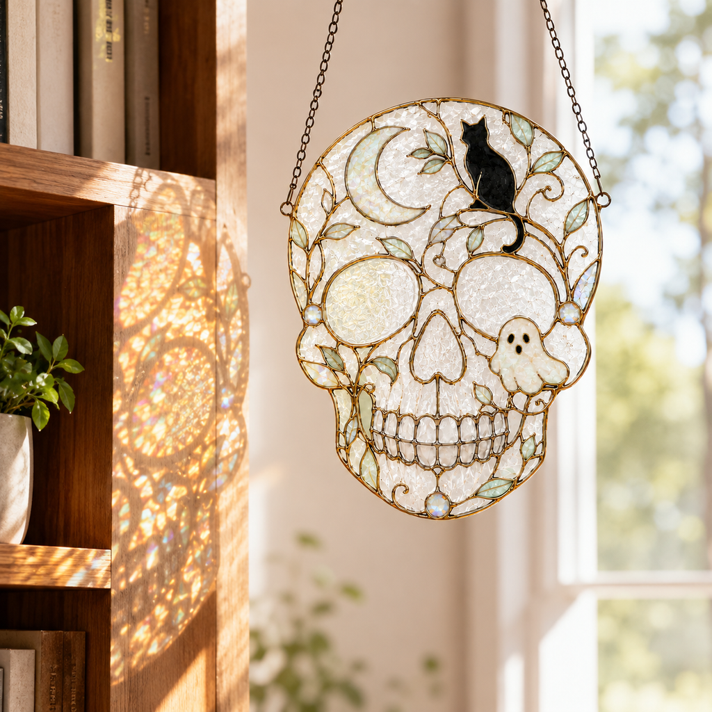Halloween Skull Suncatcher | Black Cat Ghost Window Hanging | Stained Glass Style Witchy Decor | Car Ornament Gift