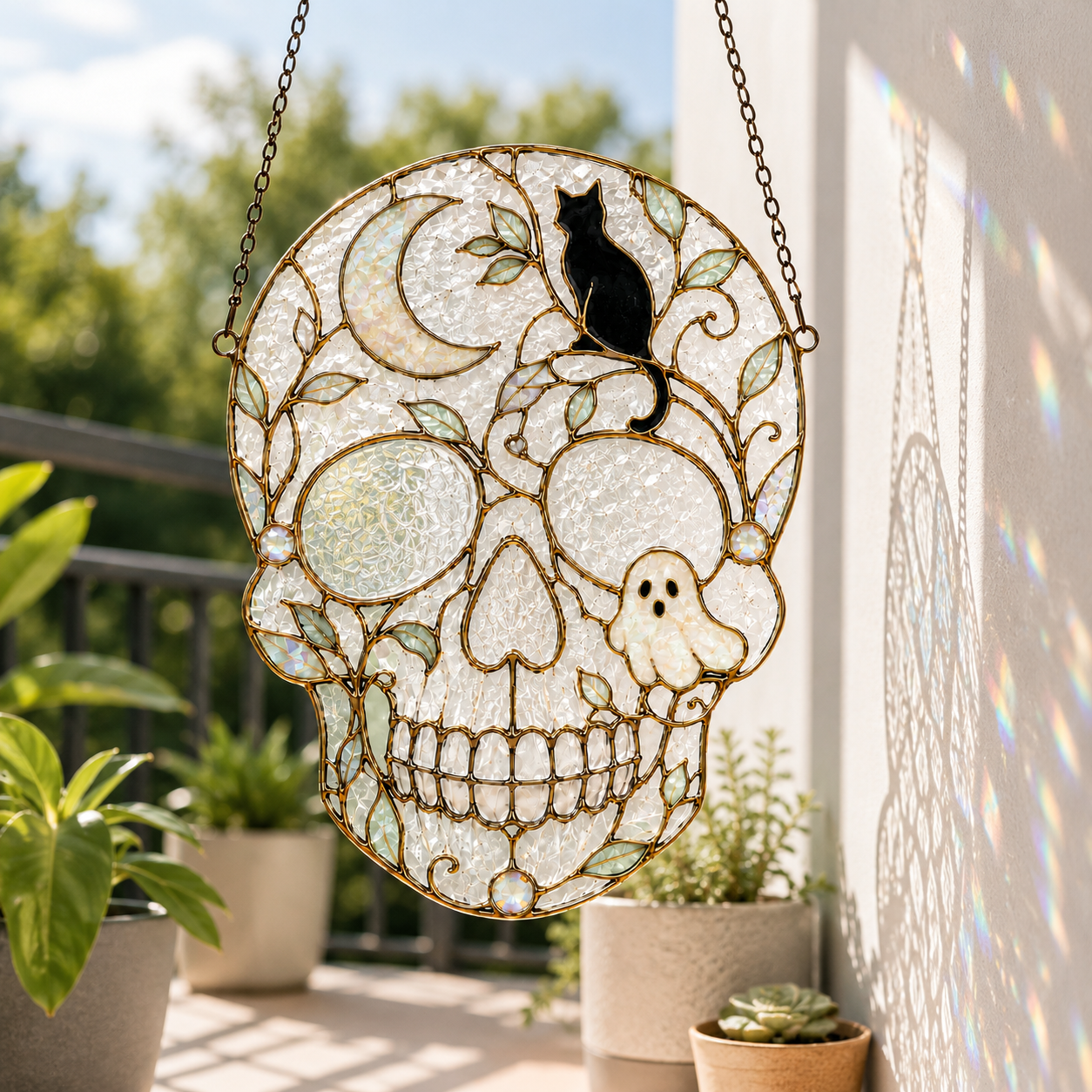 Halloween Skull Suncatcher | Black Cat Ghost Window Hanging | Stained Glass Style Witchy Decor | Car Ornament Gift
