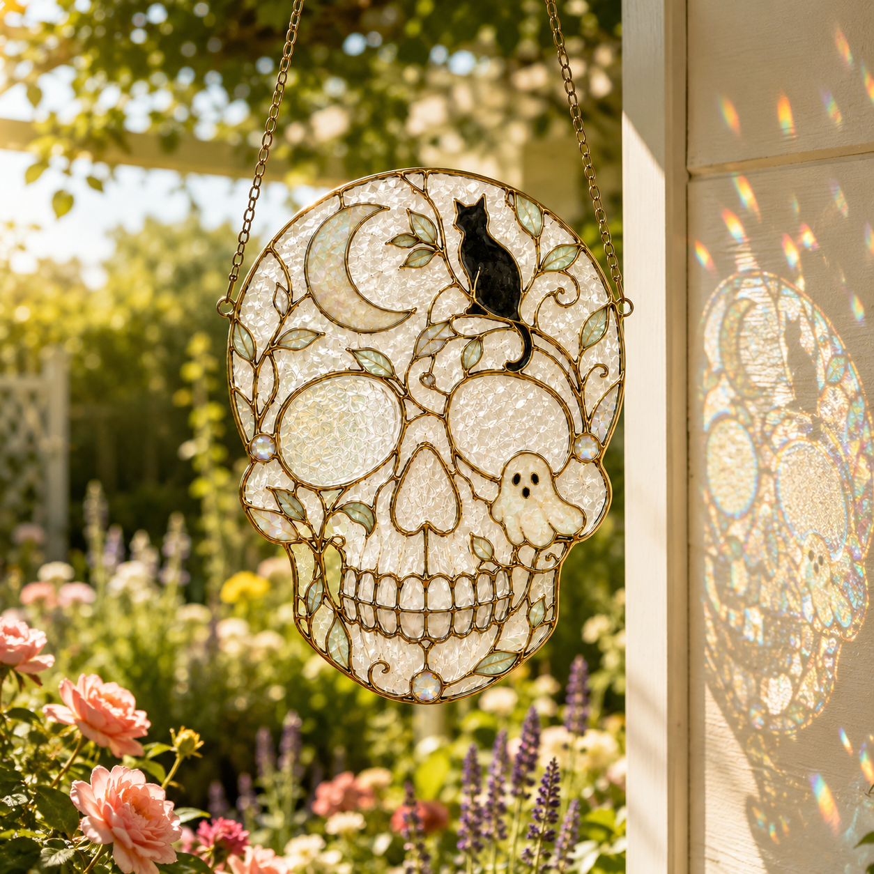 Halloween Skull Suncatcher | Black Cat Ghost Window Hanging | Stained Glass Style Witchy Decor | Car Ornament Gift