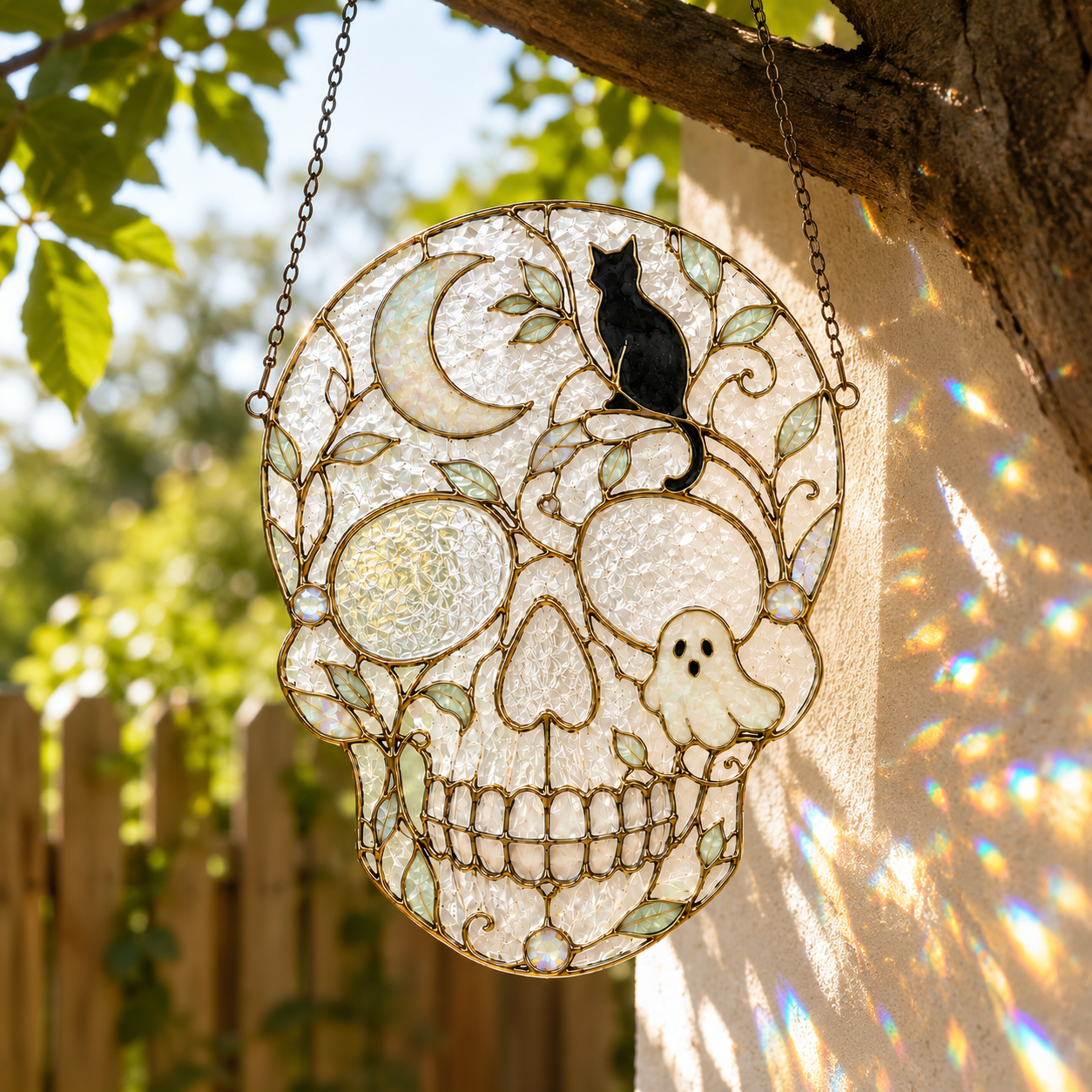 Halloween Skull Suncatcher | Black Cat Ghost Window Hanging | Stained Glass Style Witchy Decor | Car Ornament Gift