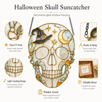 Halloween Witch Hat Skull Suncatcher | Stained Glass Style Window Hanging | Moon Star Gothic Decor | Car Ornament Gift