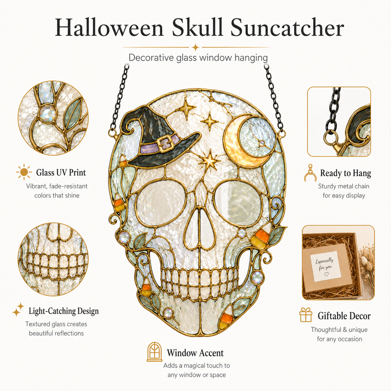 Halloween Witch Hat Skull Suncatcher | Stained Glass Style Window Hanging | Moon Star Gothic Decor | Car Ornament Gift