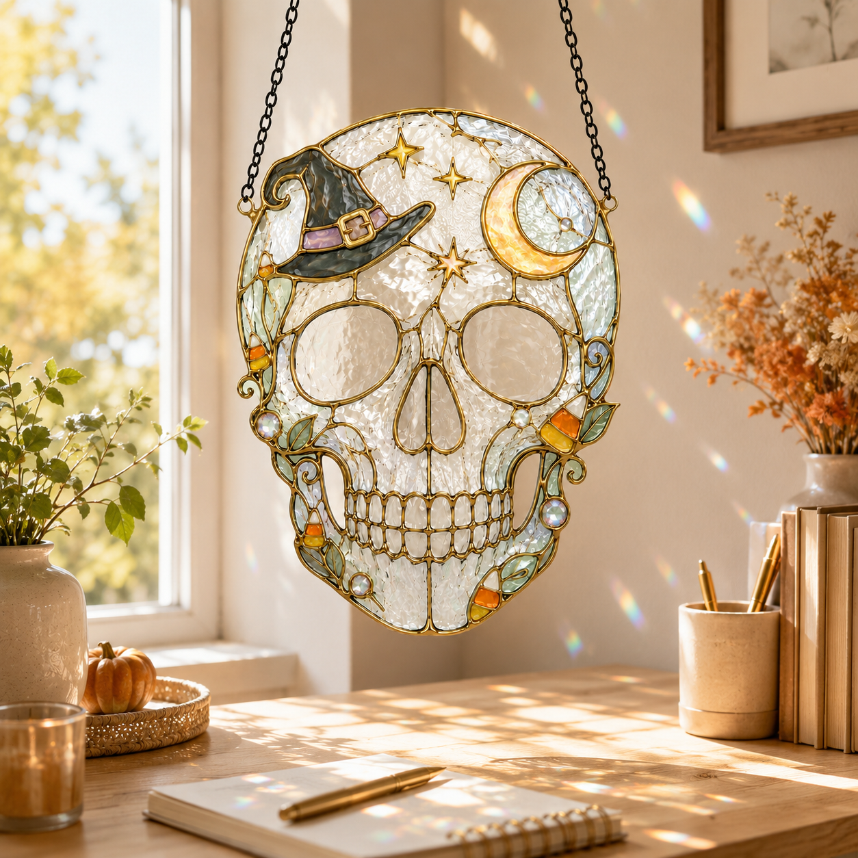 Halloween Witch Hat Skull Suncatcher | Stained Glass Style Window Hanging | Moon Star Gothic Decor | Car Ornament Gift