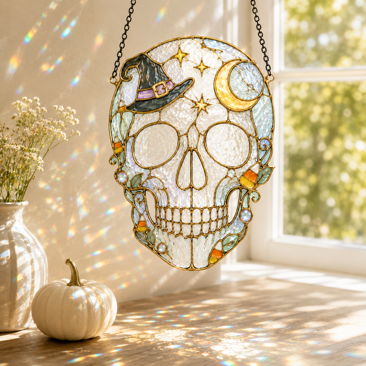 Halloween Witch Hat Skull Suncatcher | Stained Glass Style Window Hanging | Moon Star Gothic Decor | Car Ornament Gift