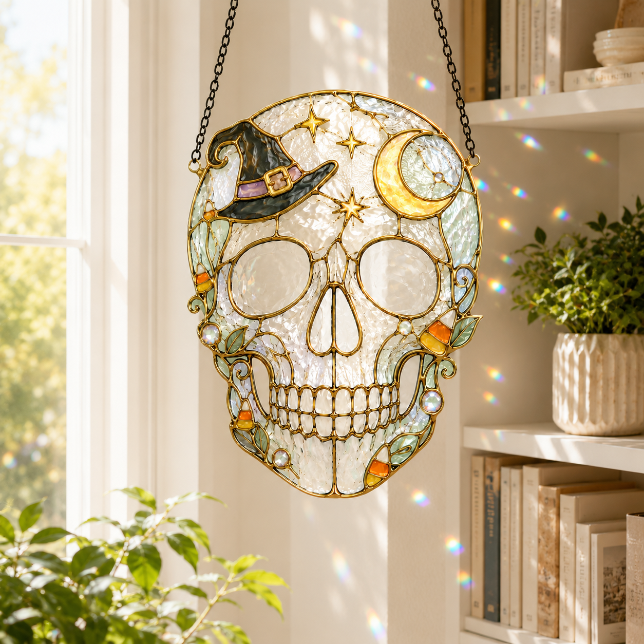 Halloween Witch Hat Skull Suncatcher | Stained Glass Style Window Hanging | Moon Star Gothic Decor | Car Ornament Gift