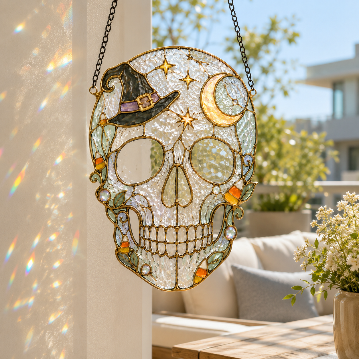 Halloween Skull Suncatcher | Bat Pumpkin Stained Glass Style Window Hanging | Witchy Gothic Decor | Car Ornament Gift