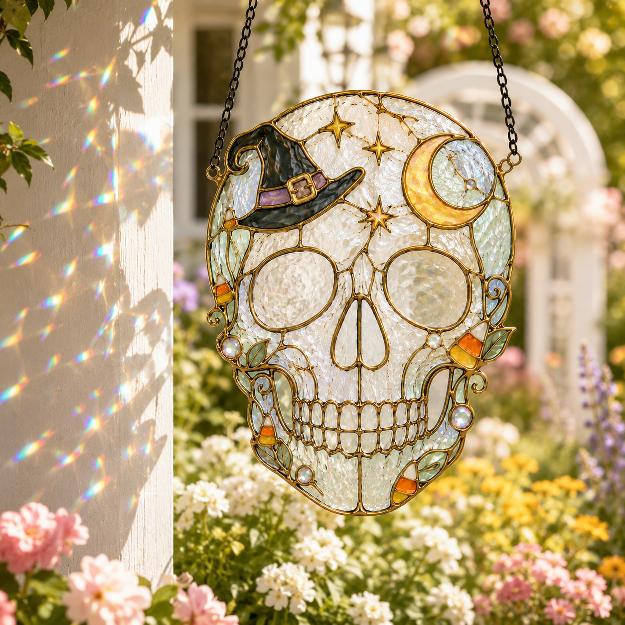Halloween Witch Hat Skull Suncatcher | Stained Glass Style Window Hanging | Moon Star Gothic Decor | Car Ornament Gift
