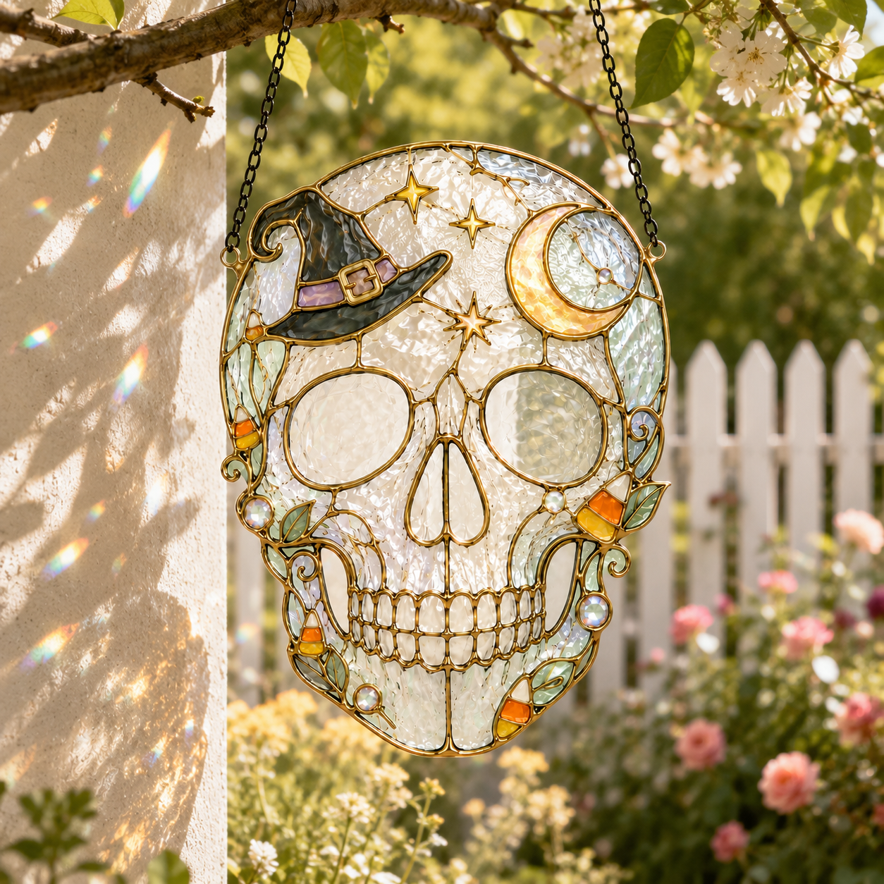 Halloween Witch Hat Skull Suncatcher | Stained Glass Style Window Hanging | Moon Star Gothic Decor | Car Ornament Gift