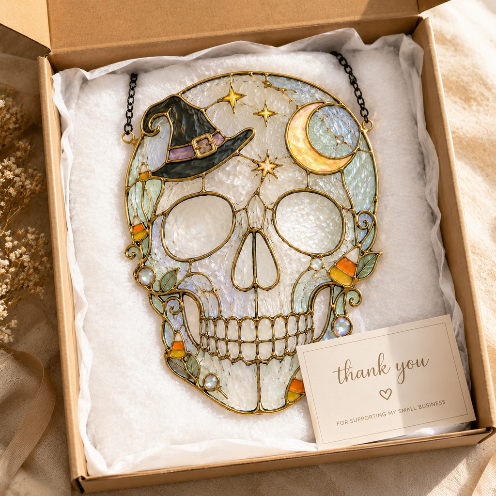 Halloween Witch Hat Skull Suncatcher | Stained Glass Style Window Hanging | Moon Star Gothic Decor | Car Ornament Gift