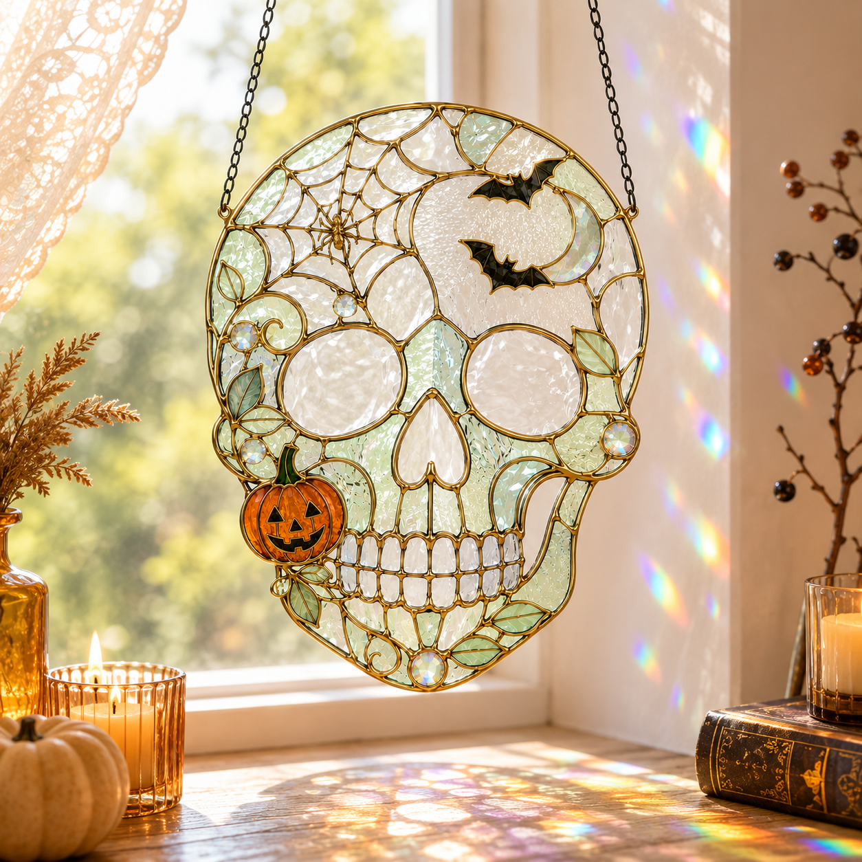 Halloween Skull Suncatcher | Bat Pumpkin Stained Glass Style Window Hanging | Witchy Gothic Decor | Car Ornament Gift