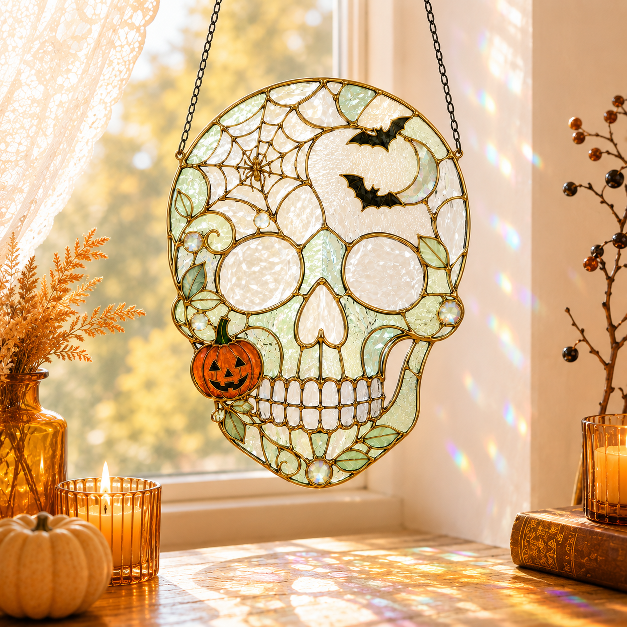 Halloween Skull Suncatcher | Bat Pumpkin Stained Glass Style Window Hanging | Witchy Gothic Decor | Car Ornament Gift