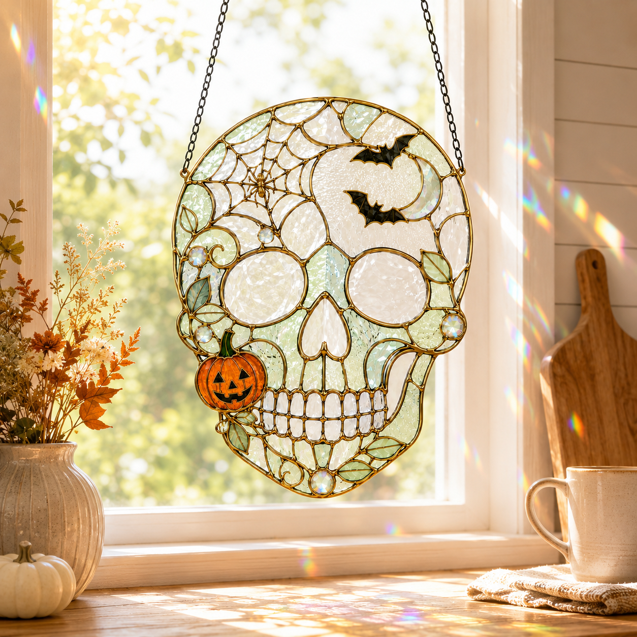 Halloween Skull Suncatcher | Bat Pumpkin Stained Glass Style Window Hanging | Witchy Gothic Decor | Car Ornament Gift