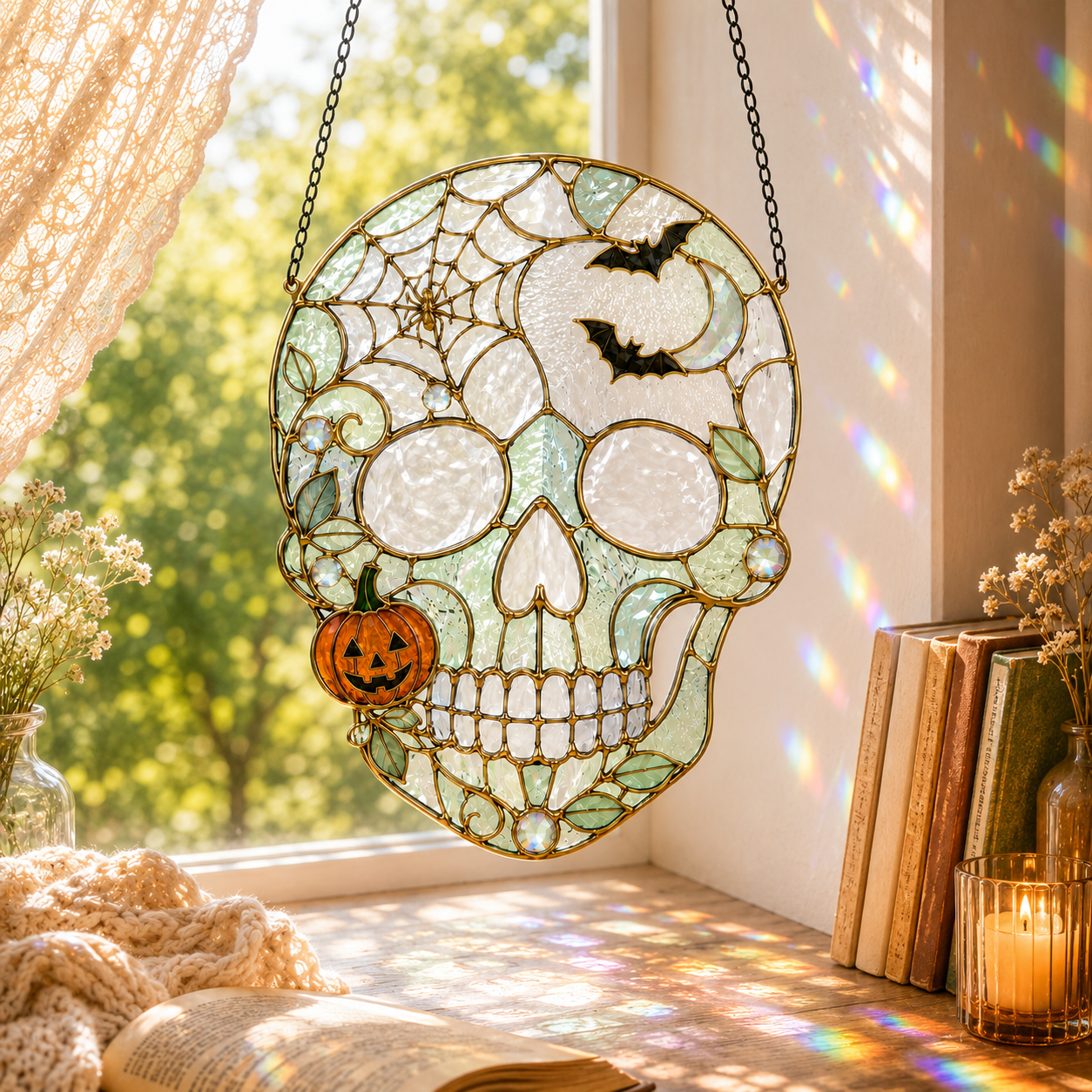 Halloween Skull Suncatcher | Bat Pumpkin Stained Glass Style Window Hanging | Witchy Gothic Decor | Car Ornament Gift