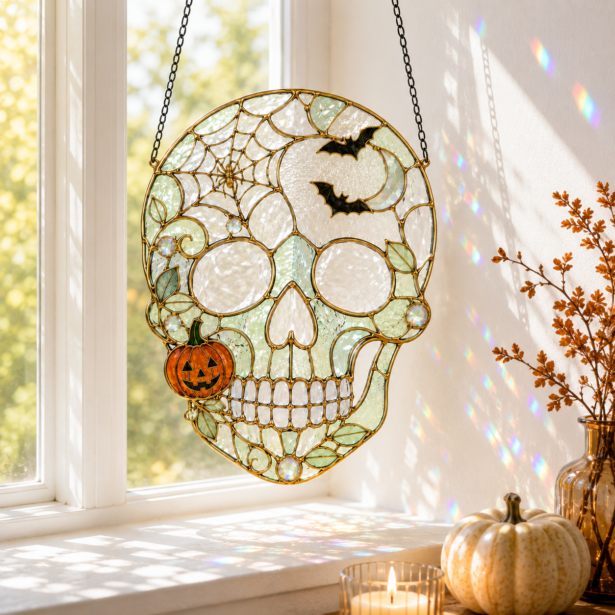 Halloween Skull Suncatcher | Bat Pumpkin Stained Glass Style Window Hanging | Witchy Gothic Decor | Car Ornament Gift