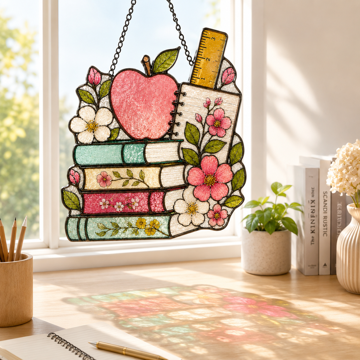 Back to School Suncatcher | Apple Books Stained Glass Style Window Hanging | Teacher Gift | Student Gift | Car Ornament