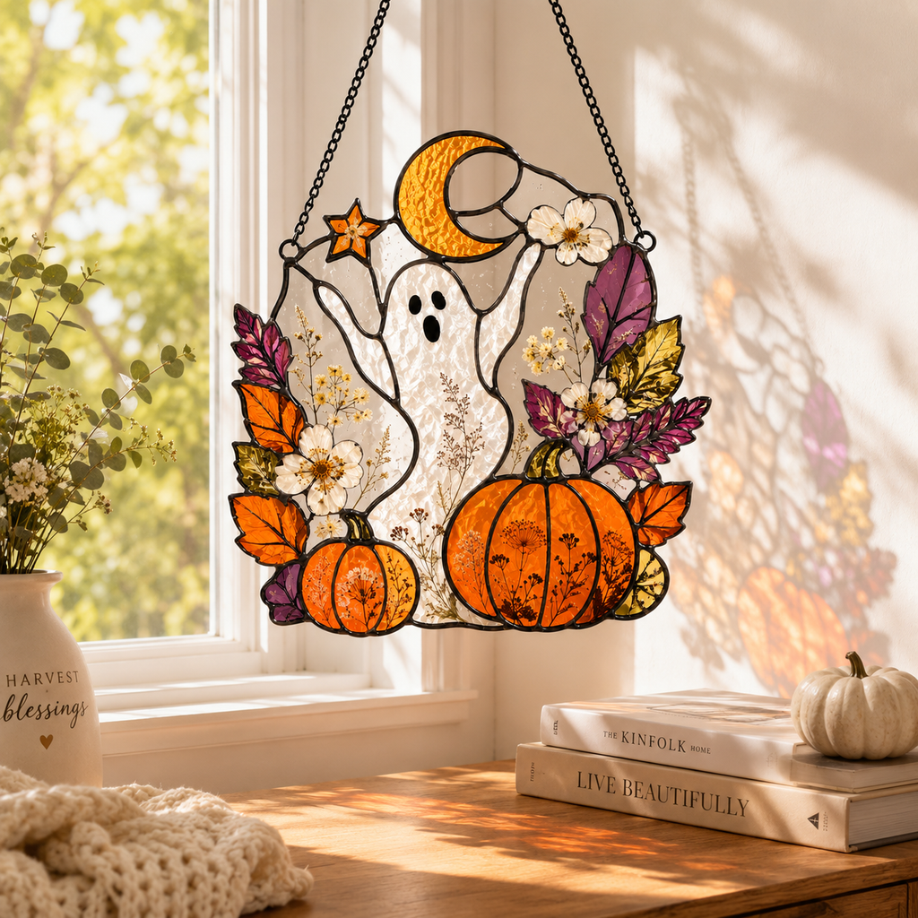 Halloween Ghost Cute Pumpkin Suncatcher | Stained Glass Style Window Hanging | Autumn Witchy Decor | Car Ornament Gift