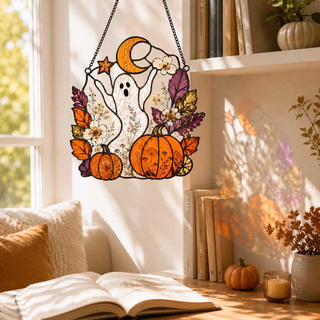 Halloween Ghost Cute Pumpkin Suncatcher | Stained Glass Style Window Hanging | Autumn Witchy Decor | Car Ornament Gift
