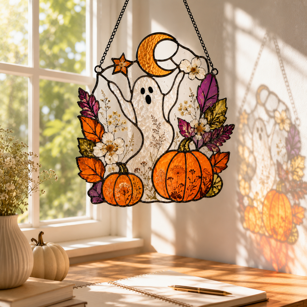 Halloween Ghost Cute Pumpkin Suncatcher | Stained Glass Style Window Hanging | Autumn Witchy Decor | Car Ornament Gift