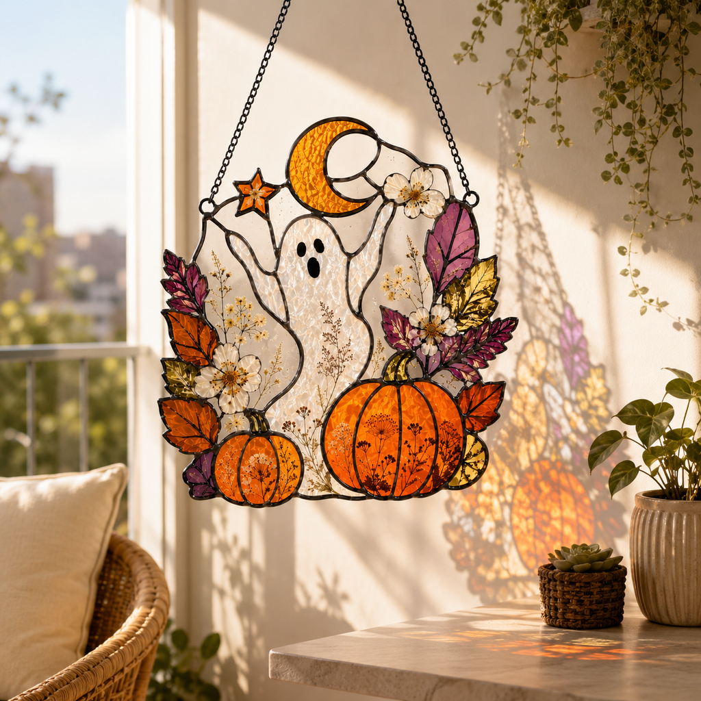 Halloween Ghost Cute Pumpkin Suncatcher | Stained Glass Style Window Hanging | Autumn Witchy Decor | Car Ornament Gift
