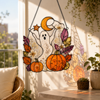 Halloween Ghost Cute Pumpkin Suncatcher | Stained Glass Style Window Hanging | Autumn Witchy Decor | Car Ornament Gift