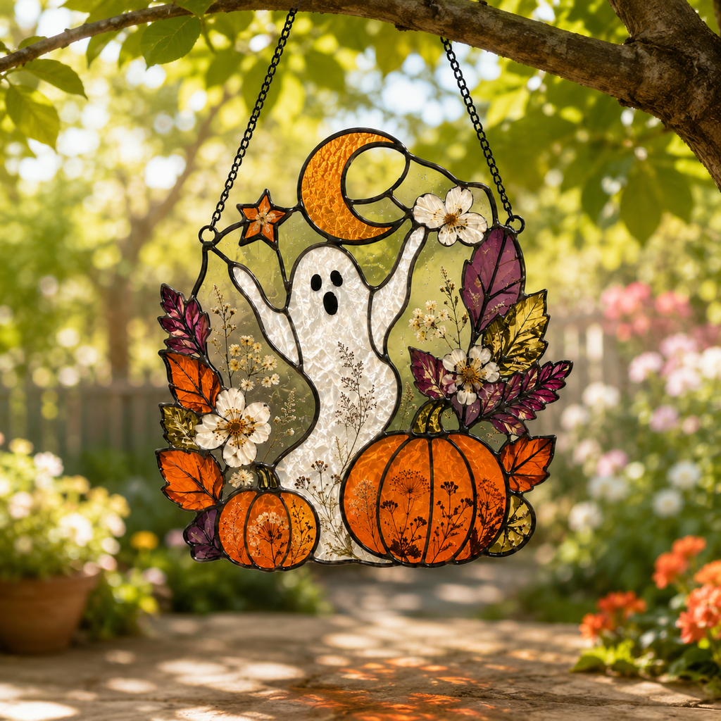 Halloween Ghost Cute Pumpkin Suncatcher | Stained Glass Style Window Hanging | Autumn Witchy Decor | Car Ornament Gift