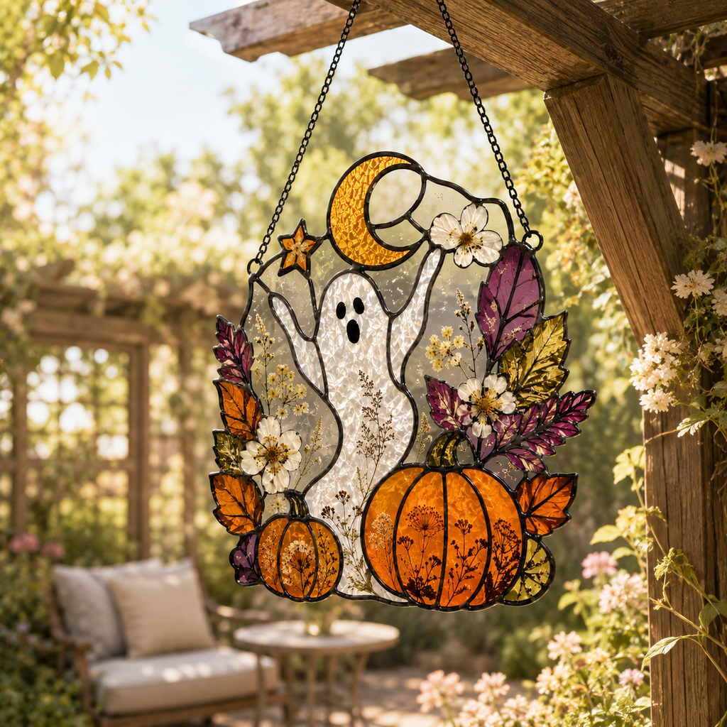 Halloween Ghost Cute Pumpkin Suncatcher | Stained Glass Style Window Hanging | Autumn Witchy Decor | Car Ornament Gift