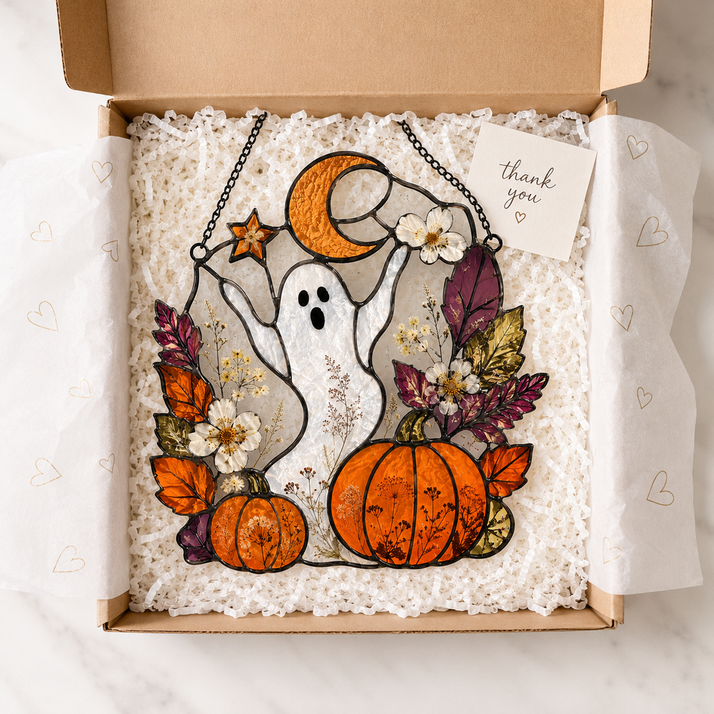 Halloween Ghost Cute Pumpkin Suncatcher | Stained Glass Style Window Hanging | Autumn Witchy Decor | Car Ornament Gift