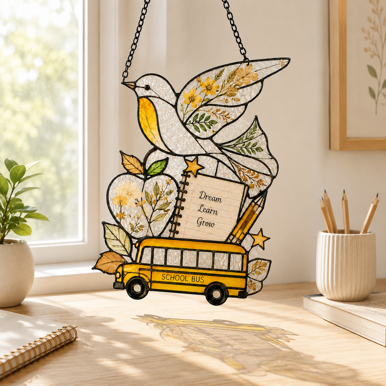 Back to School Suncatcher | School Bus Dove Window Hanging | Teacher Gift | Student Gift | Stained Glass Style Car Ornament