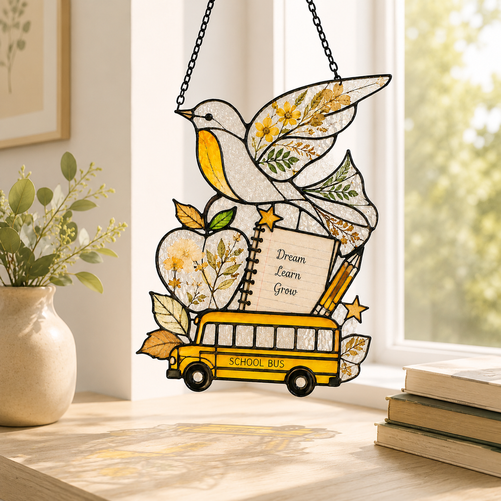 Back to School Suncatcher | School Bus Dove Window Hanging | Teacher Gift | Student Gift | Stained Glass Style Car Ornament