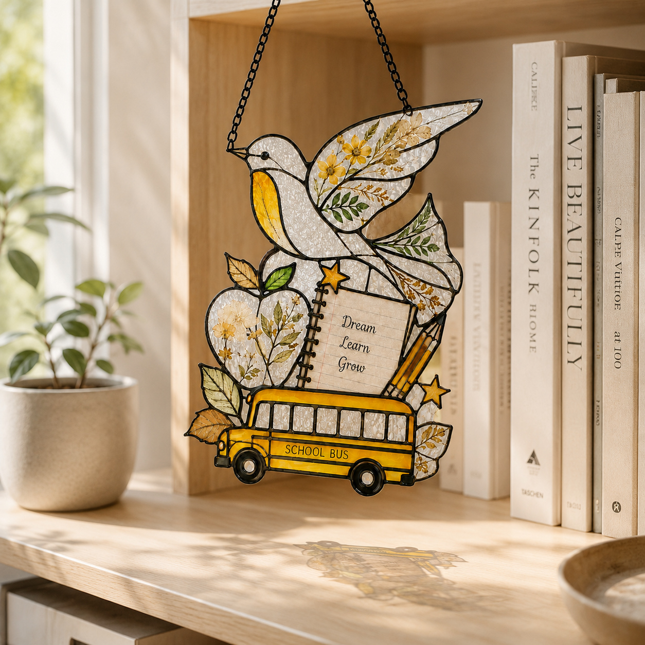 Back to School Suncatcher | School Bus Dove Window Hanging | Teacher Gift | Student Gift | Stained Glass Style Car Ornament