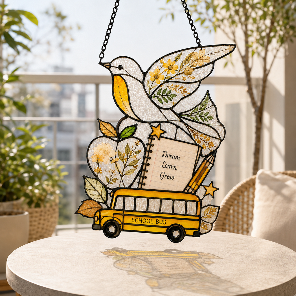 Back to School Suncatcher | School Bus Dove Window Hanging | Teacher Gift | Student Gift | Stained Glass Style Car Ornament