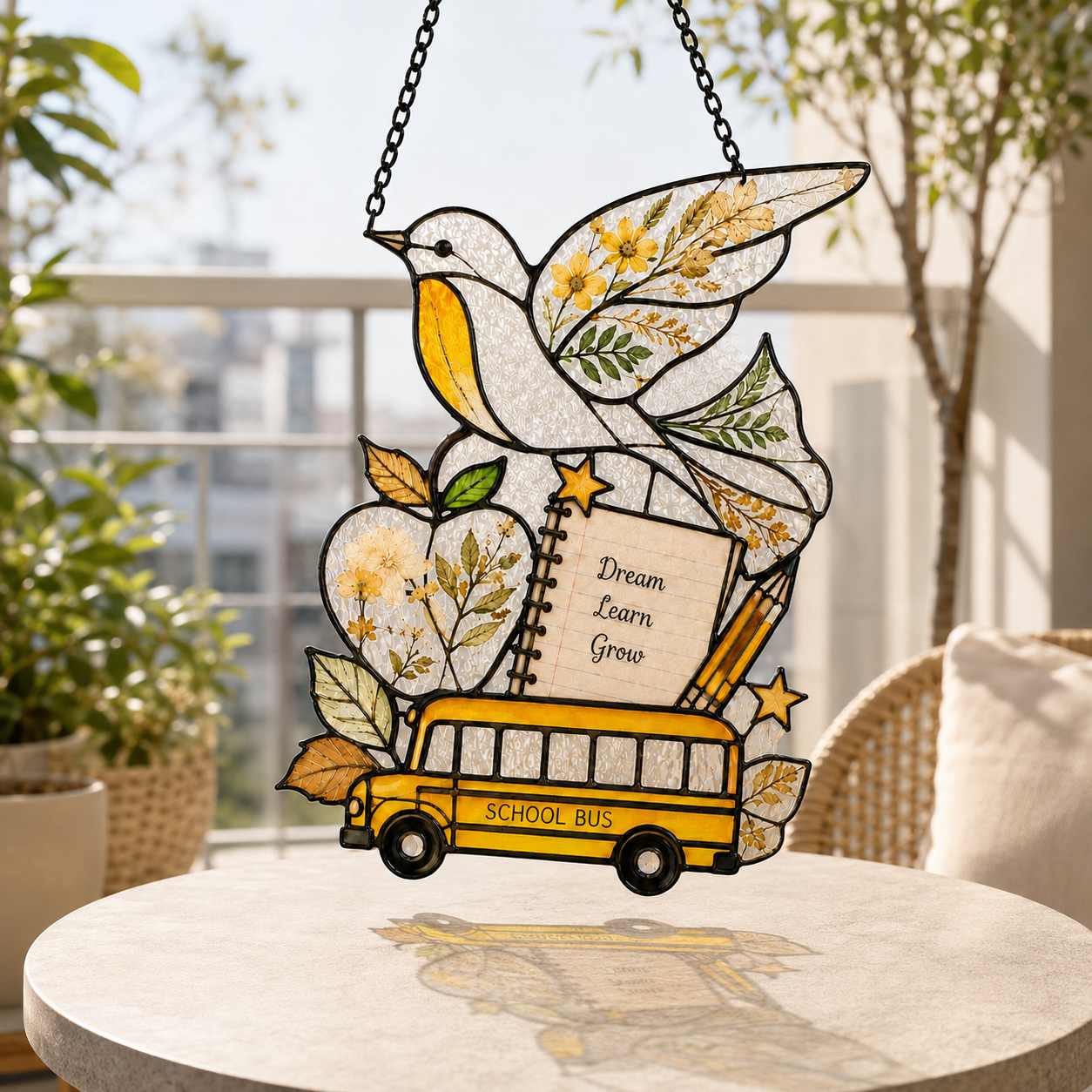 Back to School Suncatcher | School Bus Dove Window Hanging | Teacher Gift | Student Gift | Stained Glass Style Car Ornament