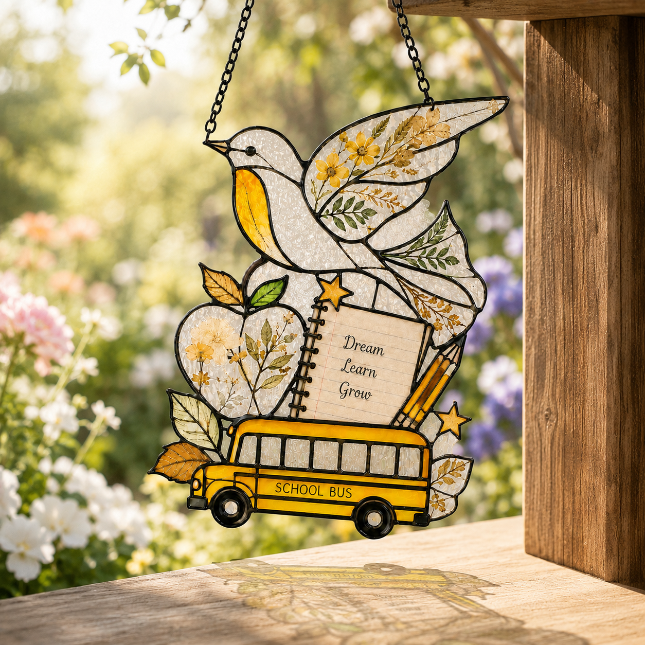 Back to School Suncatcher | School Bus Dove Window Hanging | Teacher Gift | Student Gift | Stained Glass Style Car Ornament