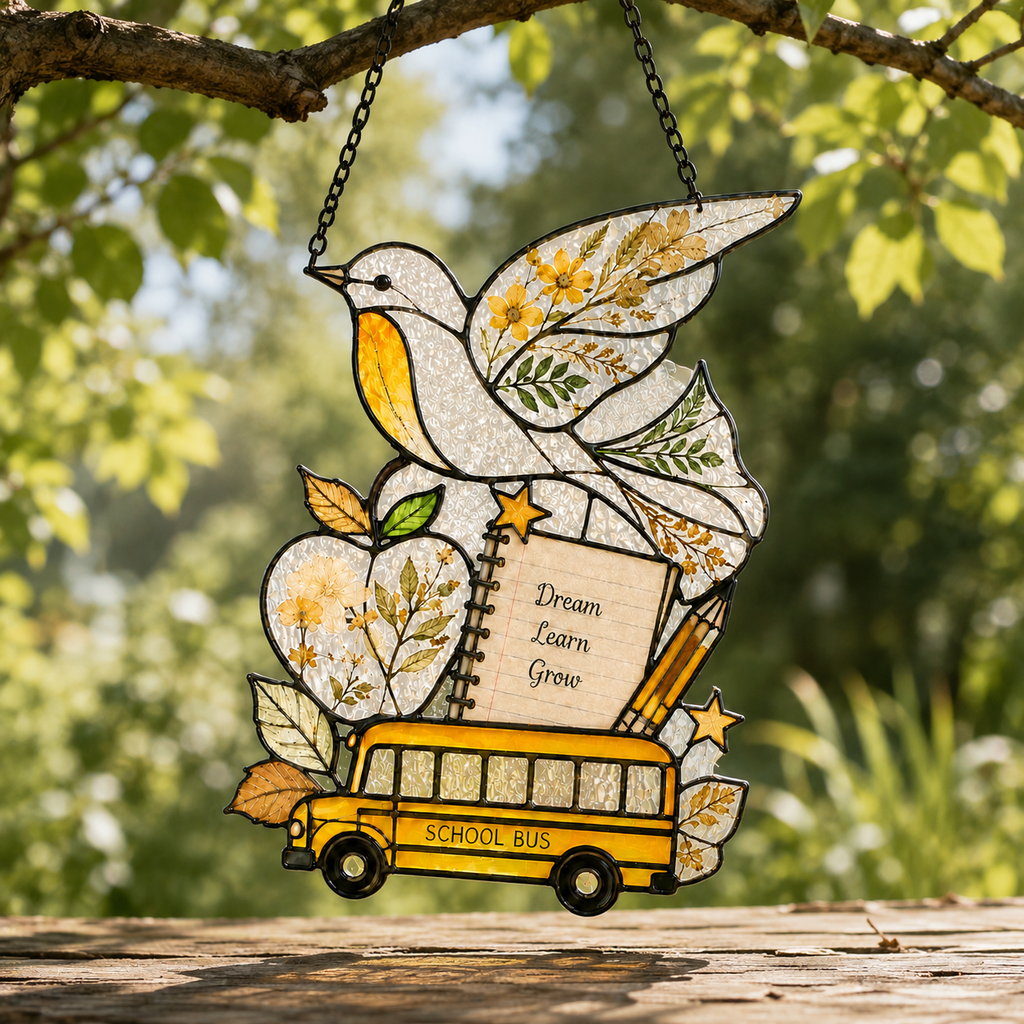 Back to School Suncatcher | School Bus Dove Window Hanging | Teacher Gift | Student Gift | Stained Glass Style Car Ornament