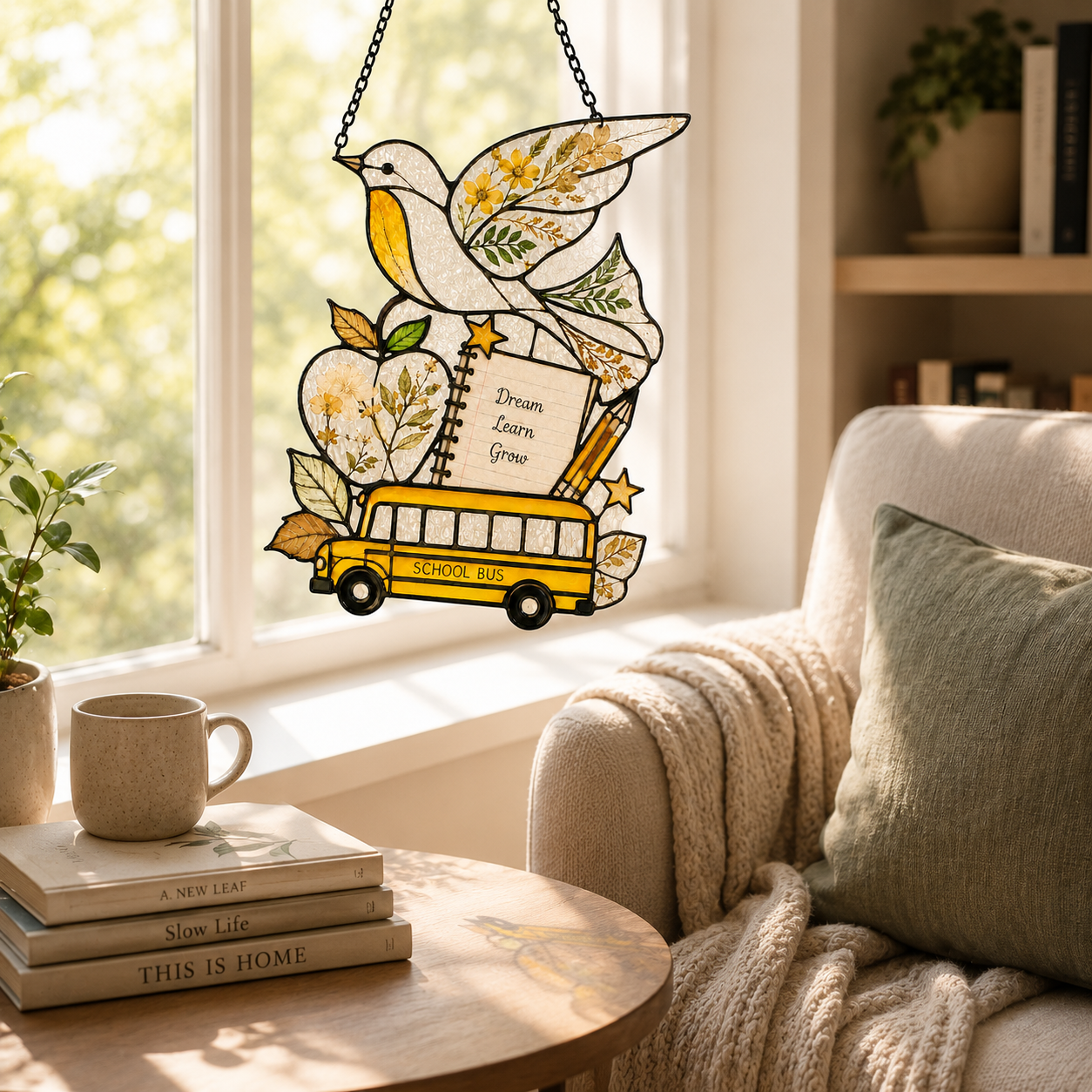 Back to School Suncatcher | School Bus Dove Window Hanging | Teacher Gift | Student Gift | Stained Glass Style Car Ornament