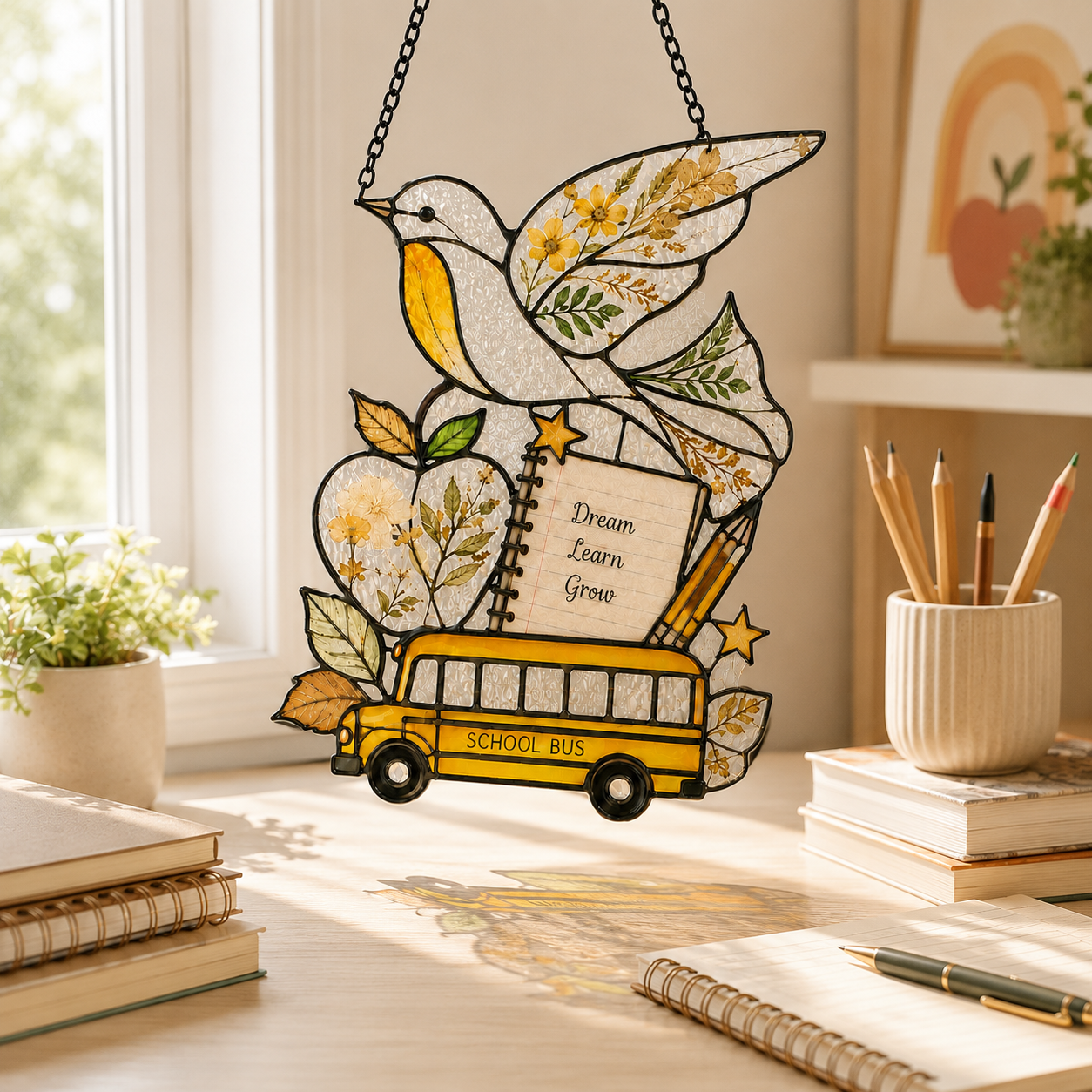 Back to School Suncatcher | School Bus Dove Window Hanging | Teacher Gift | Student Gift | Stained Glass Style Car Ornament