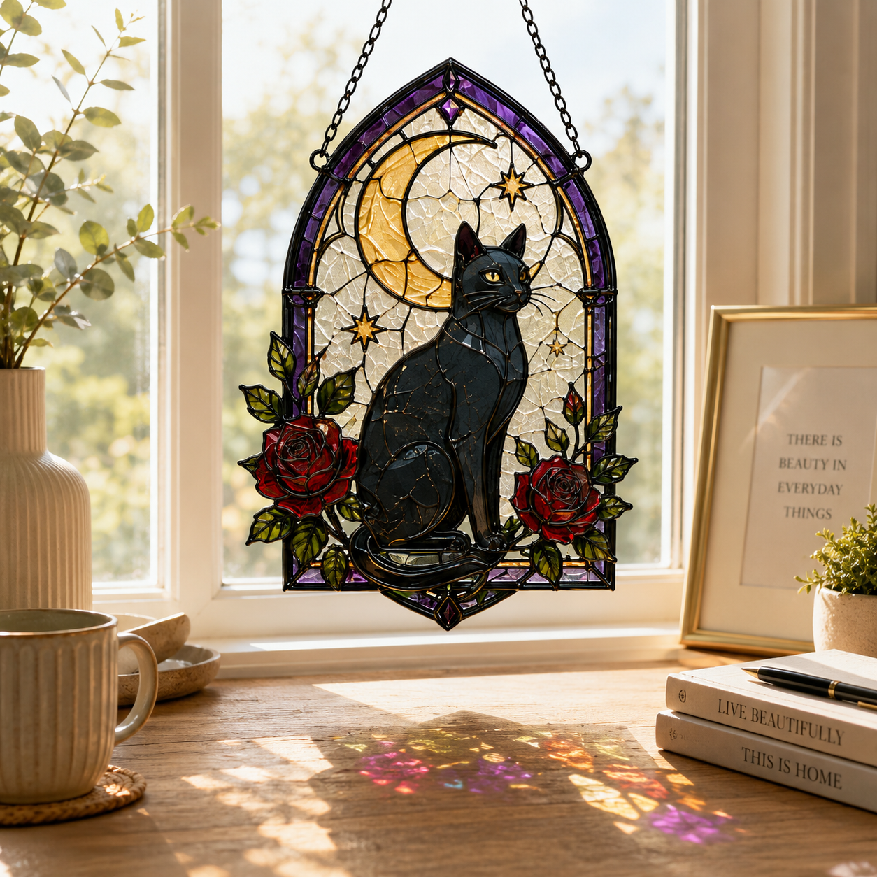 Black Cat Moon Suncatcher | Stained Glass Style Window Hanging | Gothic Rose Cat Decor | Witchy Gift | Car Ornament