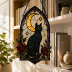 Black Cat Moon Suncatcher | Stained Glass Style Window Hanging | Gothic Rose Cat Decor | Witchy Gift | Car Ornament