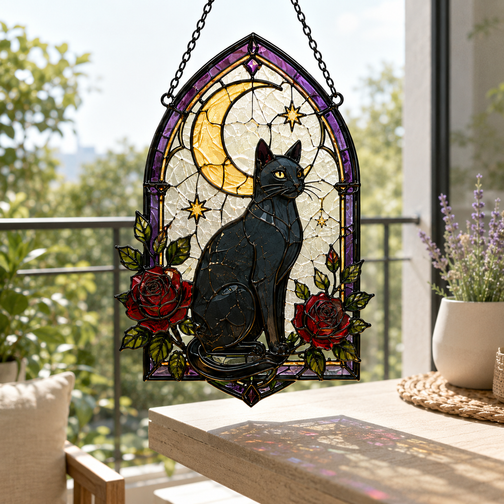 Black Cat Moon Suncatcher | Stained Glass Style Window Hanging | Gothic Rose Cat Decor | Witchy Gift | Car Ornament