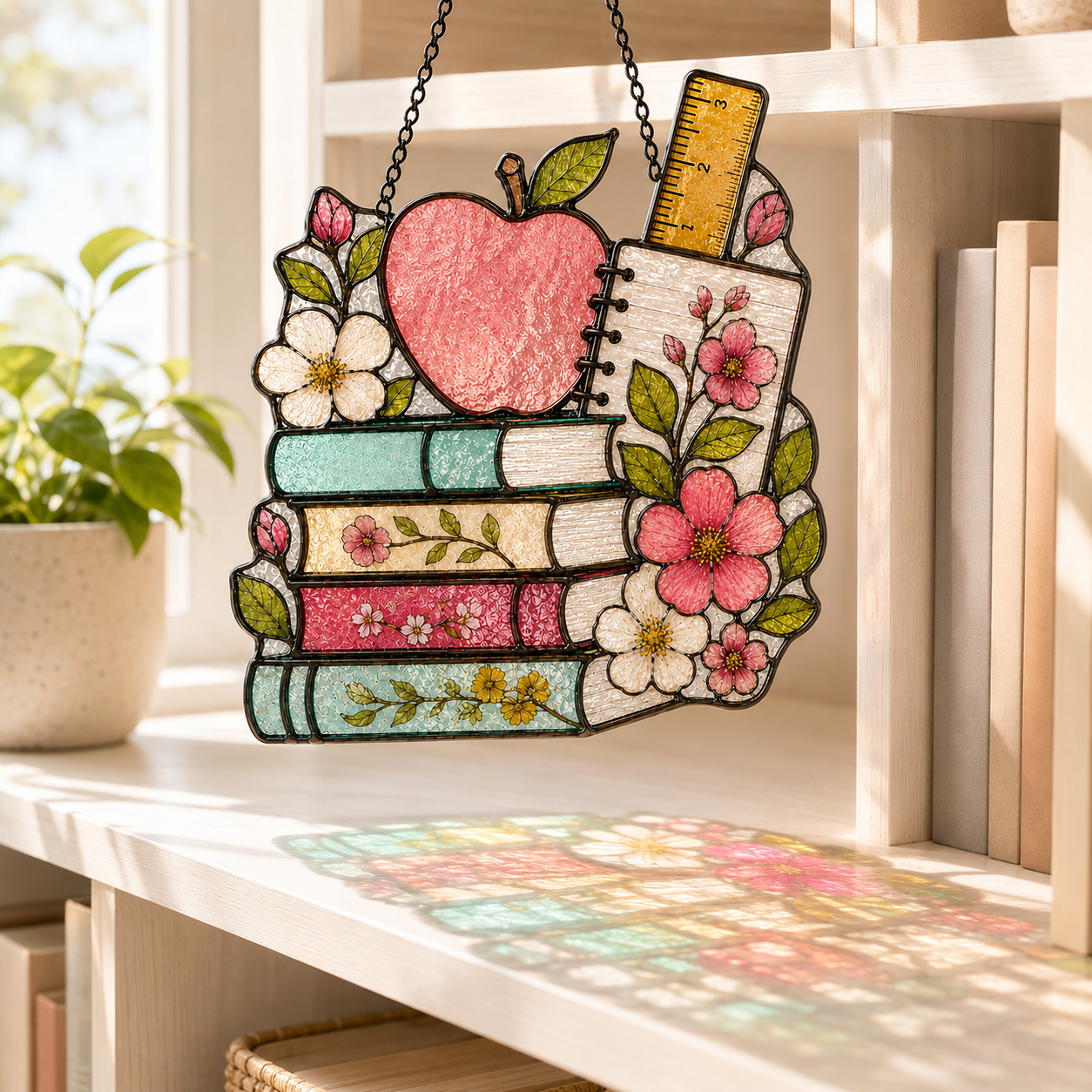 Back to School Suncatcher | Apple Books Stained Glass Style Window Hanging | Teacher Gift | Student Gift | Car Ornament