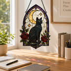Black Cat Moon Suncatcher | Stained Glass Style Window Hanging | Gothic Rose Cat Decor | Witchy Gift | Car Ornament