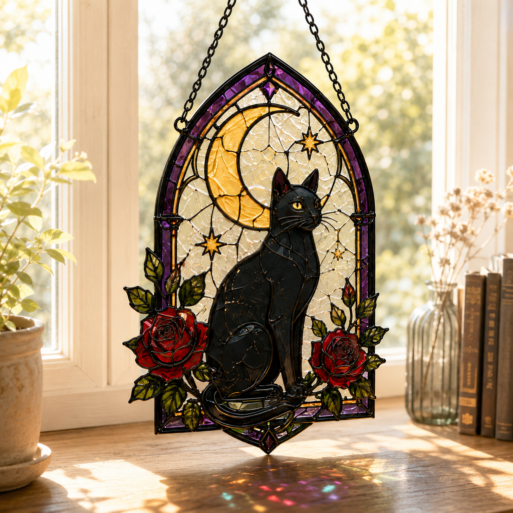 Black Cat Moon Suncatcher | Stained Glass Style Window Hanging | Gothic Rose Cat Decor | Witchy Gift | Car Ornament