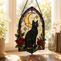 Black Cat Moon Suncatcher | Stained Glass Style Window Hanging | Gothic Rose Cat Decor | Witchy Gift | Car Ornament