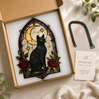 Black Cat Moon Suncatcher | Stained Glass Style Window Hanging | Gothic Rose Cat Decor | Witchy Gift | Car Ornament